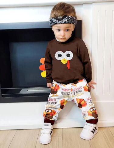 My First Thanksgiving Baby Boy Outfit, Cute Turkey Print Outfit Long Sleeve Top + Pants Clothes Set in Kuwait