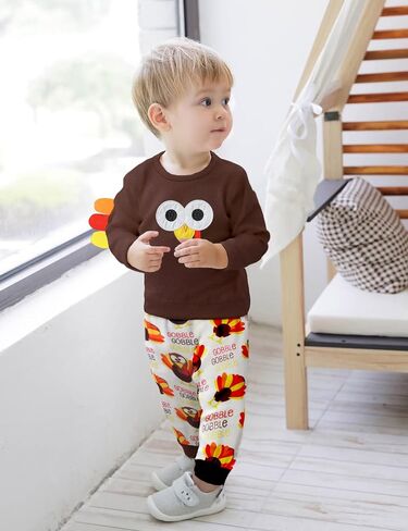 My First Thanksgiving Baby Boy Outfit, Cute Turkey Print Outfit Long Sleeve Top + Pants Clothes Set in Kuwait