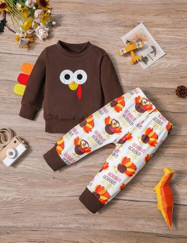 My First Thanksgiving Baby Boy Outfit, Cute Turkey Print Outfit Long Sleeve Top + Pants Clothes Set in Kuwait