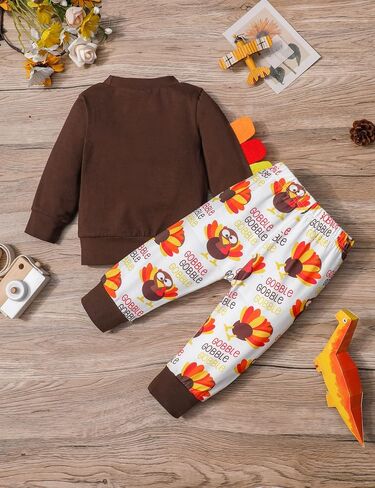 My First Thanksgiving Baby Boy Outfit, Cute Turkey Print Outfit Long Sleeve Top + Pants Clothes Set in Kuwait