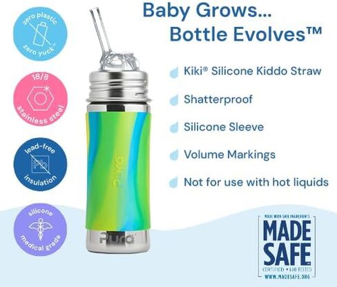 Pura Toddler Kid Straw Bottle - 11oz Stainless Steel, Plastic-Free, MadeSafe, Mint, Silicone Straw in Kuwait