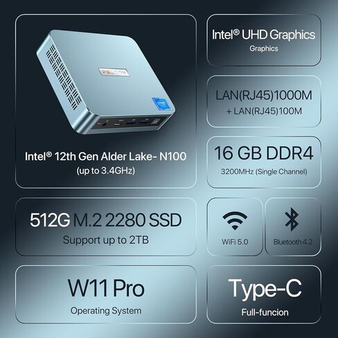 PELADN WI-6 Mini PC, 12th Gen - N100(up to 3.4GHz), 8GB DDR4 RAM 256GB M.2 PCIe SSD, Desktop Computer Support 4K Dual Display/USB3.2/WiFi 5/BT4.2 in Saudi Arabia