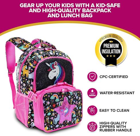 Decorably Backpack with Lunch Bag for Kids - 2Pc Set Sequined Girls Unicorn Backpack with Lunch Box with Star Unicorn Patch, Unicorn Backpack with Lunchbox Unicorn Backpack and Lunchbox in Saudi Arabia
