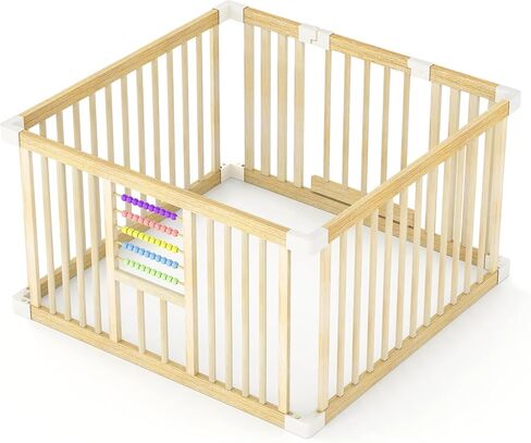Baby Playpen with Gate, Wooden Playpen for Babies and Toddlers, Baby Play Yard with Colorful Acrylic Beads, Baby Fence Play Area with Suction Cups, Large Play Pen Area Indoor(43 * 43 * 24Inch) in Saudi Arabia
