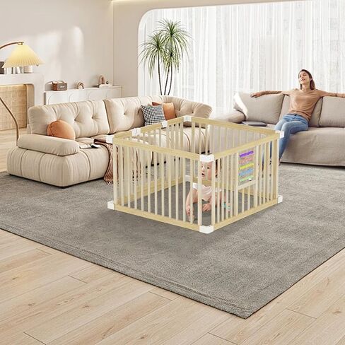 Baby Playpen with Gate, Wooden Playpen for Babies and Toddlers, Baby Play Yard with Colorful Acrylic Beads, Baby Fence Play Area with Suction Cups, Large Play Pen Area Indoor(43 * 43 * 24Inch) in Saudi Arabia