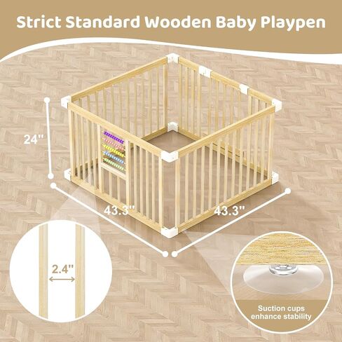 Baby Playpen with Gate, Wooden Playpen for Babies and Toddlers, Baby Play Yard with Colorful Acrylic Beads, Baby Fence Play Area with Suction Cups, Large Play Pen Area Indoor(43 * 43 * 24Inch) in Saudi Arabia
