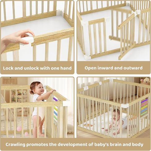 Baby Playpen with Gate, Wooden Playpen for Babies and Toddlers, Baby Play Yard with Colorful Acrylic Beads, Baby Fence Play Area with Suction Cups, Large Play Pen Area Indoor(43 * 43 * 24Inch) in Saudi Arabia