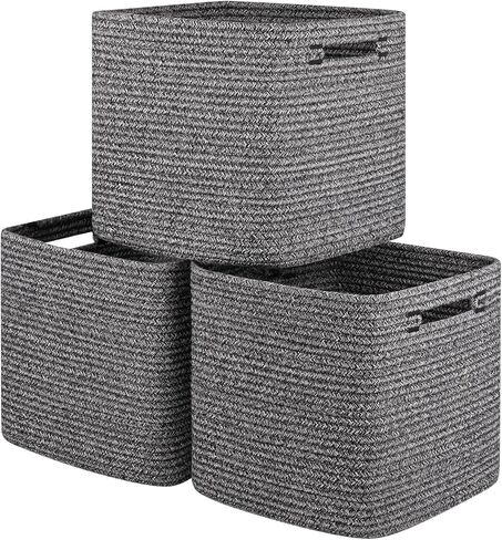 Storage Cube 3 Pack, Woven Rope Storage Baskets for Organizing, 11 * 11 Inches Shelf Basket|Cube Storage Bin|Square Baskets for Living Room, Baby Nursery Room-Black in Saudi Arabia