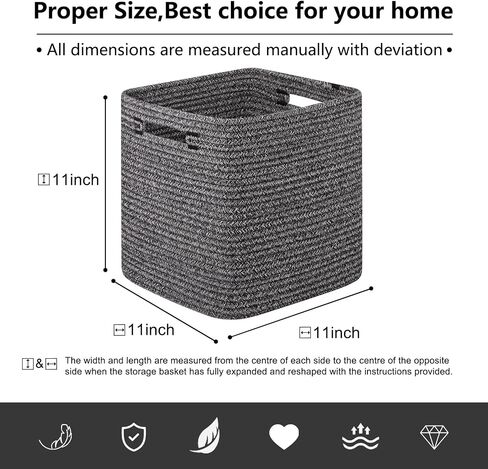 Storage Cube 3 Pack, Woven Rope Storage Baskets for Organizing, 11 * 11 Inches Shelf Basket|Cube Storage Bin|Square Baskets for Living Room, Baby Nursery Room-Black in Saudi Arabia