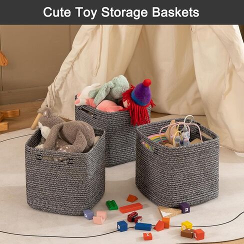 Storage Cube 3 Pack, Woven Rope Storage Baskets for Organizing, 11 * 11 Inches Shelf Basket|Cube Storage Bin|Square Baskets for Living Room, Baby Nursery Room-Black in Saudi Arabia