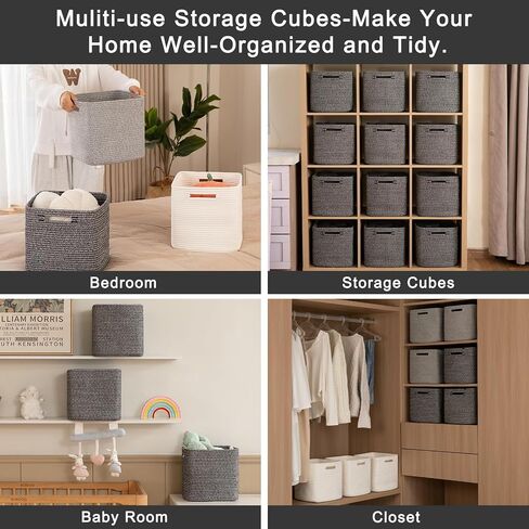 Storage Cube 3 Pack, Woven Rope Storage Baskets for Organizing, 11 * 11 Inches Shelf Basket|Cube Storage Bin|Square Baskets for Living Room, Baby Nursery Room-Black in Saudi Arabia