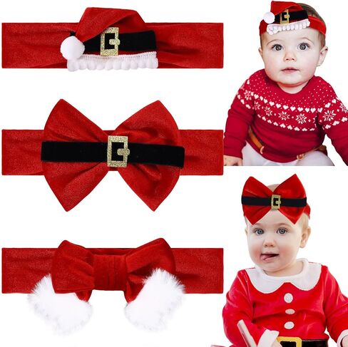 3PCS Christmas Headbands for Baby Girls, Red Santa Velvet Baby Bows, Eastic Xmas Newborn Headwrap for Infant Toddler in Saudi Arabia