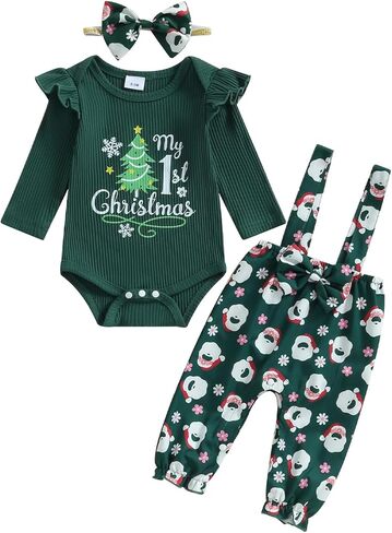 Newborn Baby Girl Christmas Outfit Christmas Tree Print Long Sleeve Romper Suspender Pant Fall Winter Clothes 3Pcs in Saudi Arabia