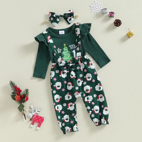 Newborn Baby Girl Christmas Outfit Christmas Tree Print Long Sleeve Romper Suspender Pant Fall Winter Clothes 3Pcs in Saudi Arabia