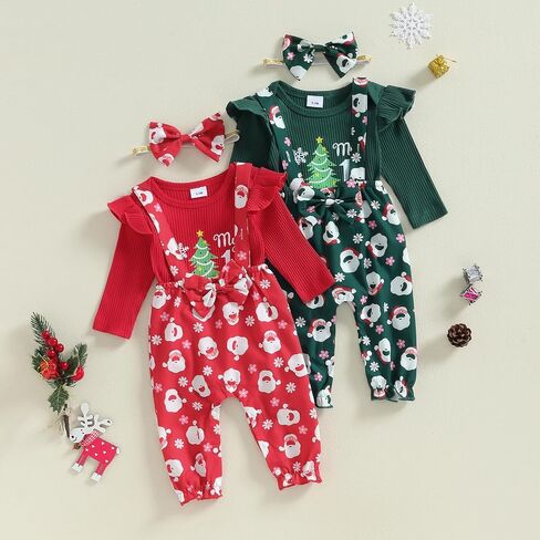 Newborn Baby Girl Christmas Outfit Christmas Tree Print Long Sleeve Romper Suspender Pant Fall Winter Clothes 3Pcs in Saudi Arabia