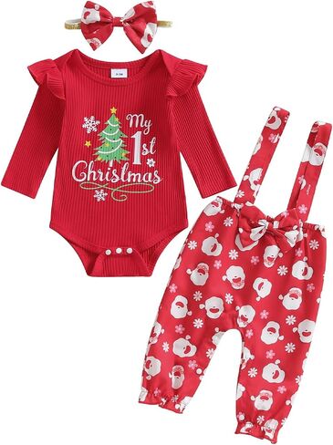 Newborn Baby Girl Christmas Outfit Christmas Tree Print Long Sleeve Romper Suspender Pant Fall Winter Clothes 3Pcs in Saudi Arabia