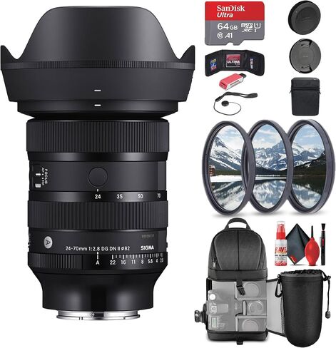 عدسة سيجما 24-70 ملم f/2.8 DG DN II Art لهاتف Sony E (57A965) تتضمن الحزمة: بطاقة ذاكرة 64 جيجابايت، قارئ بطاقات، محفظة بطاقات، حقيبة ظهر، حافظة عدسات، أغطية عدسات أمامية وخلفية، مجموعة تنظيف كاملة، حافظة للغطاء in Saudi Arabia