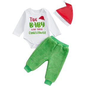 Lamuusaa Newborn Baby Boy Christmas Outfit The Baby Who Stole Christmas Romper Warm Plush Long Pants Xmas Hat Set 0-12M