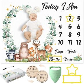 Baby Monthly Milestone Blanket for Baby Boy, Animals Monthly Milestone Blanket Baby Growth Blanket Newborn Photography Background with Wooden Signs, Frames, Bandana