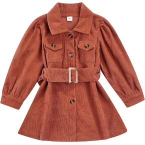 Toddler Baby Girl Corduroy Dress Solid Lantern Long Sleeve Dresses with Belt Fall Winter Casual Clothes (Brown, 2-3T)