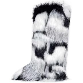 QMFUR Women's Furry Faux Fur Boot Fluffy Knee High Snow Boots Round Toe Suede Winter Comfy Plush Warm Outdoor Indoor Flat Shoes Fashion Boots
