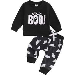 Baby Boy Halloween Outfits Letters Long Sleeve Sweatshirts with Ghost Jogger Pants Toddler Fall Winter Clothes Set