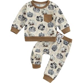 Toddler Baby Boy Halloween Clothes Set Pumpkin Print Long Sleeve Sweatshirt and Jogger Pants Fall Outfits