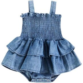 Newborn Baby Girl Denim Dress Sleeveless Smocked Ruffle Romper Tutu Dress Infant One Piece Bodysuit Summer Clothes