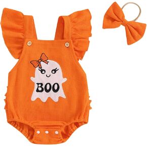 Infant Newborn Baby Girl Halloween Outfits Cute Ghost Embroidery Ruffle Sleeve Romper Headband Waffle Clothes Set