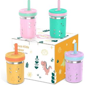 Tronco Stainless Steel Sippy Toddler Cups, 10 oz Mason Jar Kids Smoothie Cups with Silicone Sleeves and Straws, Spill Proof, BPA-Free