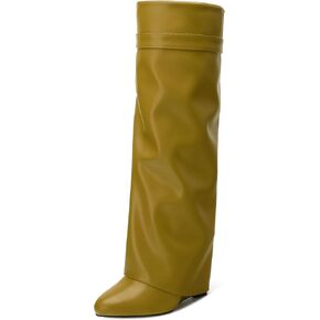 Fold Over Wedge Boots for Women Knee High Zipper Round Toe Tall Boots Wide Calf High Heel Long Boots