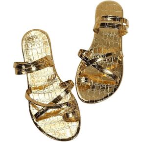 GORGLITTER Women's Crocodile Embossed Criss Cross Strappy Slide Sandals Toe Ring Metallic Flats