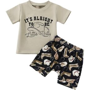 Western Toddler Baby Boy Outfit - Country Cowboy Hat Print T-shirt Casual Shorts Rodeo Summer Clothes Set
