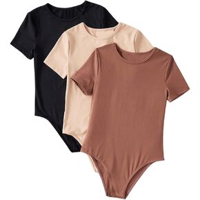 Milumia Girl's 3 Pack Ribbed Knit Bodysuits V Neck Short Sleeve Lettuce Trim Romper Jumpsuit Tops