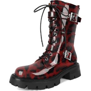 Eldof Women's Combat Boots Ankle Booties Lace Up Platform Lug Sole Chunky Low Heel Buckle Goth Motorcycle Boots for Women Side Zipper 2 Inches