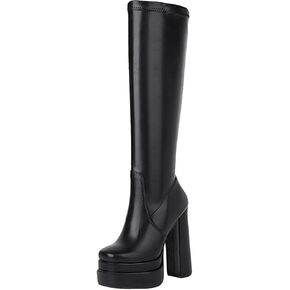 vivianly Women's Platform Knee High Boots Square Toe Chunky Heel Long Stretch Gogo Boots with Side Zipper