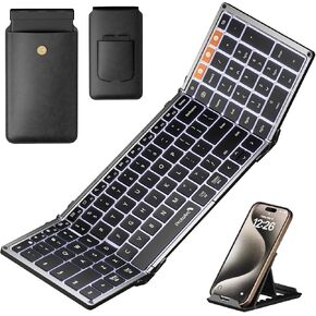 ProtoArc Backlit Foldable Keyboard, XK01 Plus Folding Portable Bluetooth Keyboard for Travel, Full Size External Wireless Keyboard with Backlight for iPad Tablet Laptop - Blue Connect Button