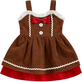 Toddler Girl Christmas Outfit Gingerbread Man Sleeveless Dress Bow Button Decor A Line Print Kids Xmas Dresses