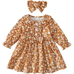 فستان بناتي للأطفال الصغار، فستان قصير مكشكش للخريف والشتاء، بأكمام طويلة، فساتين كاجوال للأطفال بطبعة زهور in Kuwait