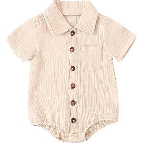 Baby Boy Button Down Shirt Romper Short Sleeve Lapel Bubble Bodysuit Solid Color Basic Outfit Cotton Clothes