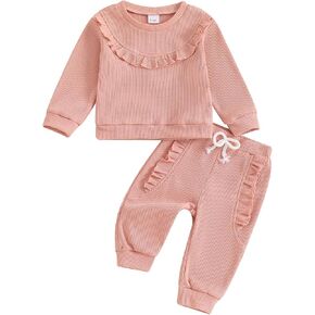 FYBITBO Baby Girl Fall Winter Clothes Sets Ruffle Solid Waffle Knit Long Sleeve Shirt Pants Infant Toddler Outfits for Girls
