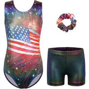 BAOHULU Gymnastics Leotards for Girls Shiny BlueSnowflake One Piece Dance Outfit with Tumbling Shorts Bottom
