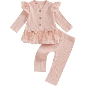 fhutpw Toddler Baby Girl Fall Clothes Solid Color Ribbed Knit Long Sleeve Ruffle Shirts Pants Cute Infant Winter Outfits