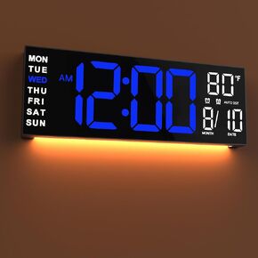 JALL 16" Large Digital Wall Clock, Remote Controlled with 2 Alarms, LED Display, 8 RGB Color, Auto DST, Temperature for Living Room, Bedroom, or Desk, Mounted Decor, Gift for Elderly, White+Orange