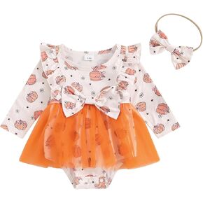 Ayalinggo Newborn Halloween Pumpkin Outfit Cute Long Sleeve Romper Ruffle Dress Orange Tulle Skirt Set Fall Clothes For Girl