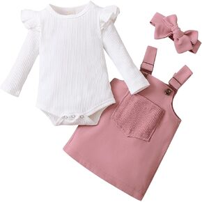 Karwuiio Baby Girl Fall Winter Outfit Ruffle Knit Ribbed Romper Suspender Skirt Headband Infant Girl Clothes