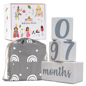 Baby Monthly Milestone Blocks Set - Natural Pine Wood Baby Age Blocks with Weeks, Months, Years, Grade - Newborn Photo Props and Keepsake, Gift-Ready for Boys & Girls with Storage Bag