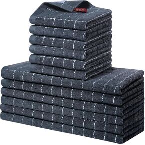 Homaxy Kitchen Towels and Dishcloths Set, 12 x 12 and 13 x 28 Inches, Set of 8 Bulk Cotton Terry Kitchen Towels Set, Checkered Designed, Soft and Super Absorbent Dish Towels, Black