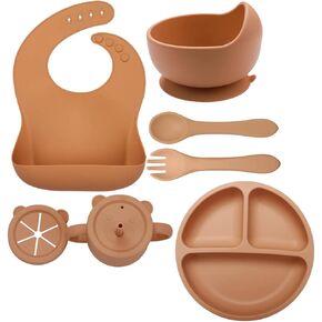 Baby Led Weaning Supplies - BPA Free, PVC Free, Latex Free, Phthalate Free Silicone - Baby Dish Set - Bib, Suction Bowl, Suction Plate, Snack Cup, Sippy Cup, Fork, Spoon - 6+ Months (Beige)