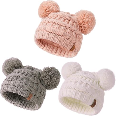 FURTALK Baby Winter Knitted Beanie Hat Soft Warm Pom Poms Toddler Skull Cap | Premium Acrylic & Cozy Ribbed Knit Design, Double-Layer Warmth, Snug Elastic Fit (0-3T), Available Multiple Colors in Kuwait